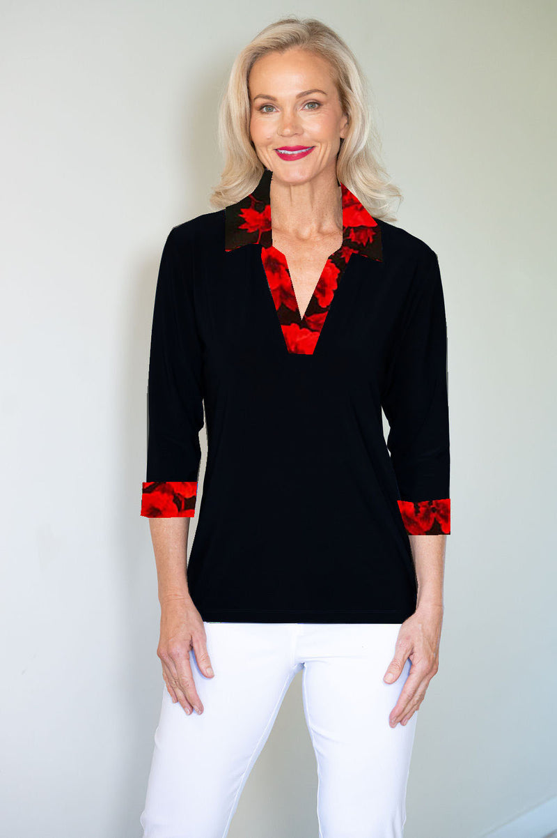 5194 Crystal Trim Polo - Black/Red Rose