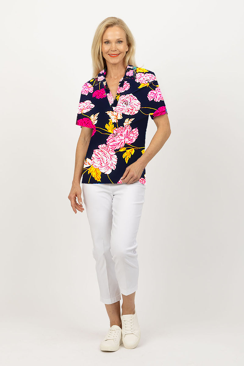 5194 S/S Crystal Trim Polo - Navy Flower