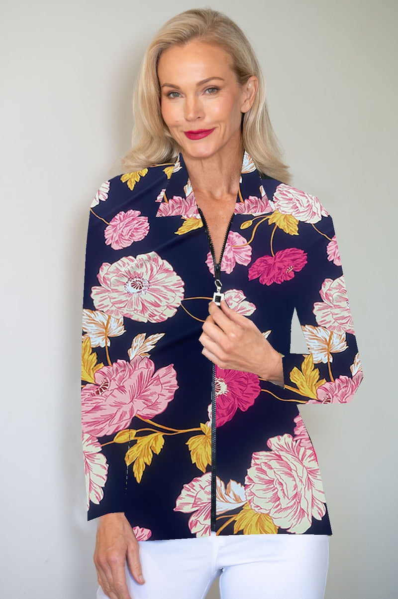 5313 Embellished Zip Cardi - Navy Flower