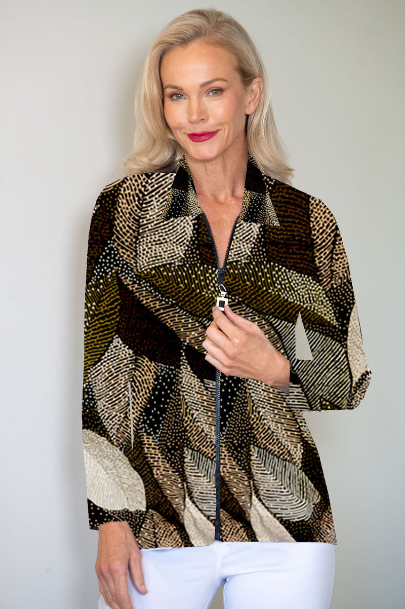 5313 Embellished Zip Cardi - Multi Leaves