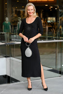 5321 3/4 Sleeve Crystal Long Dress - Black