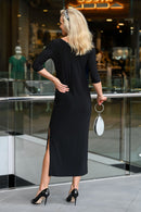 5321 3/4 Sleeve Crystal Long Dress - Black