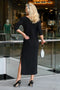 5321 3/4 Sleeve Crystal Long Dress - Black